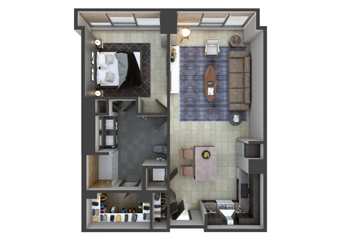 Floor plan for 1 bed, 1 bath, 734 sqft